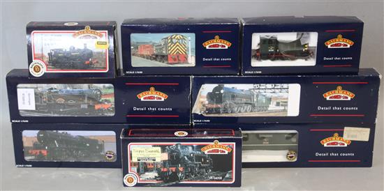 Five Bachmann BR livery 00 gauge locomotives and two diesel shunters; all boxed